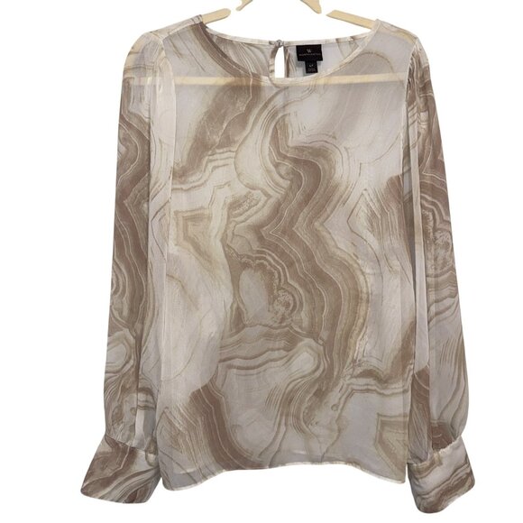 Worthington Beige Marble Print Sheer Long Sleeve Blouse Womens L Tall - Picture 1 of 7